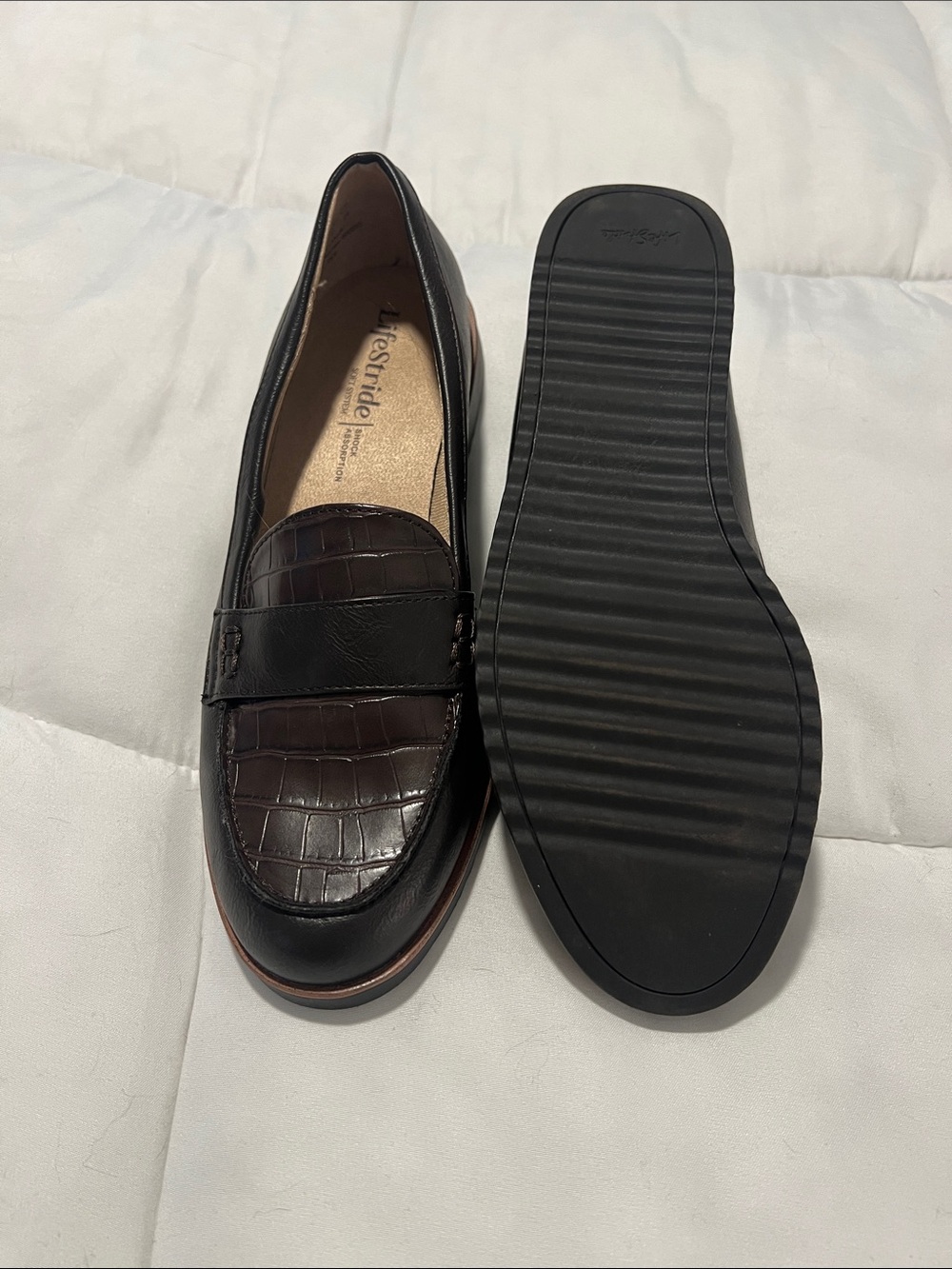 LifeStride Women’s 7.5 Black Brown Croc Loafers Platform Comfort Shoes
